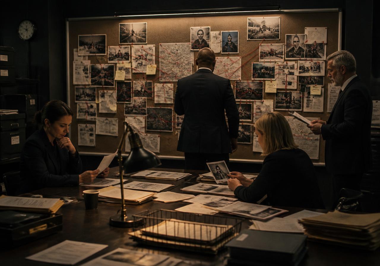 Investigators reviewing case evidence and connecting leads on a command board