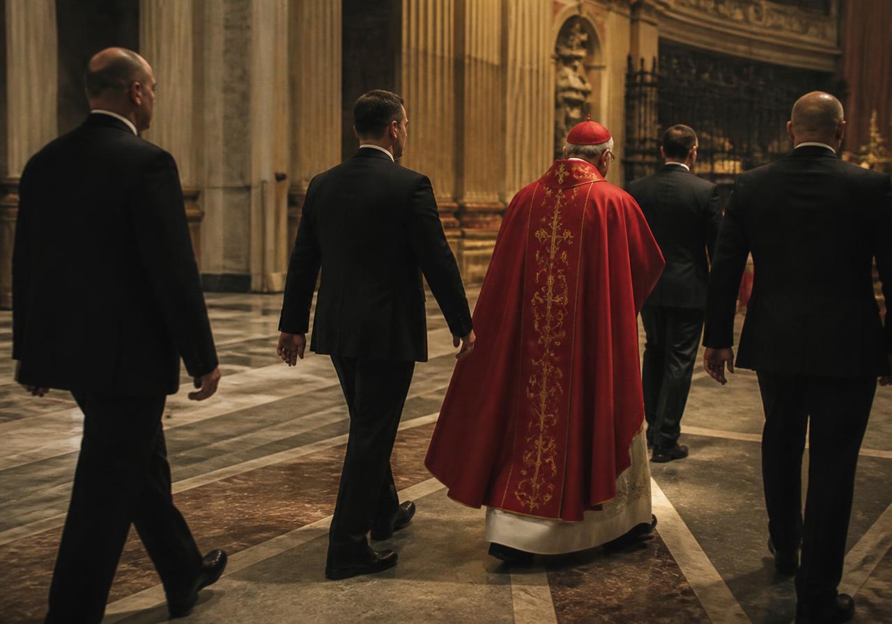 Protective detail escorting a high ranking clergy member through a grand cathedral