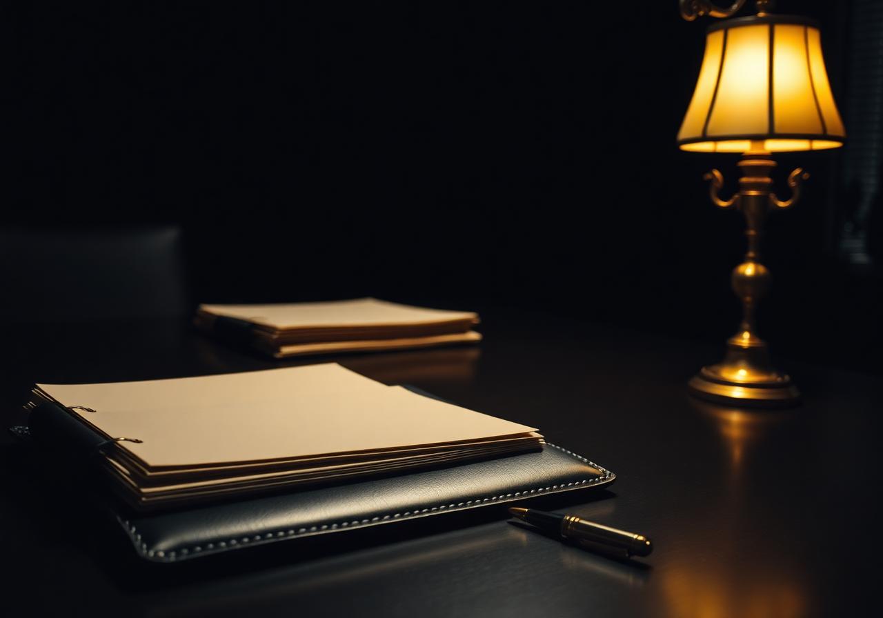 Case files and evidence prepared for trial in a law firm conference room