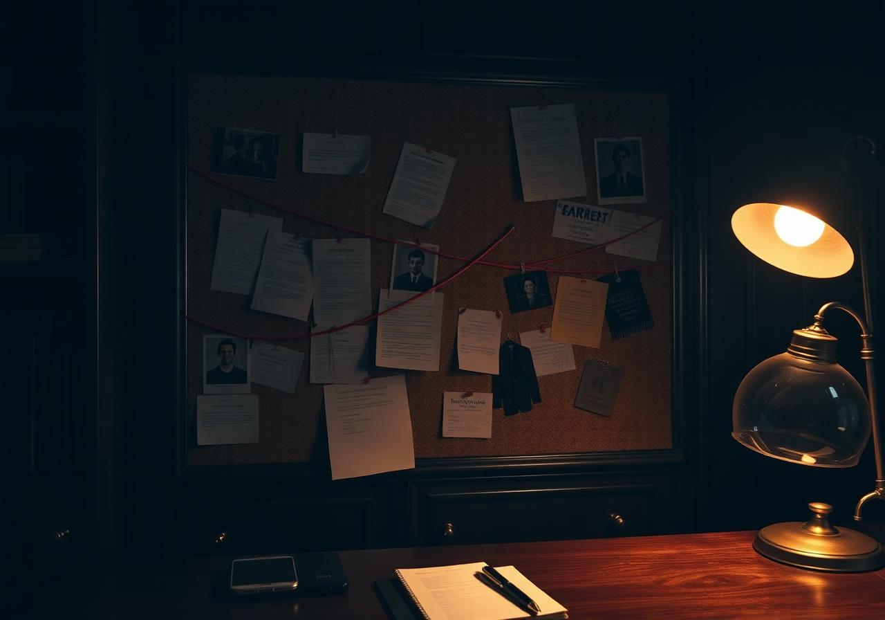 Detective case board with photographs and documents in lamplight