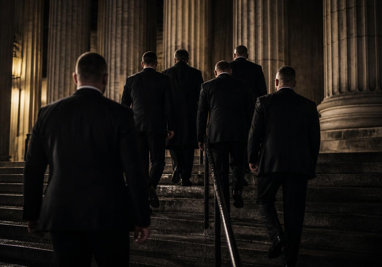 Protective detail escorting a client up courthouse steps