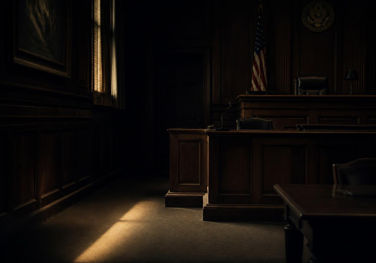 Empty courtroom at dusk